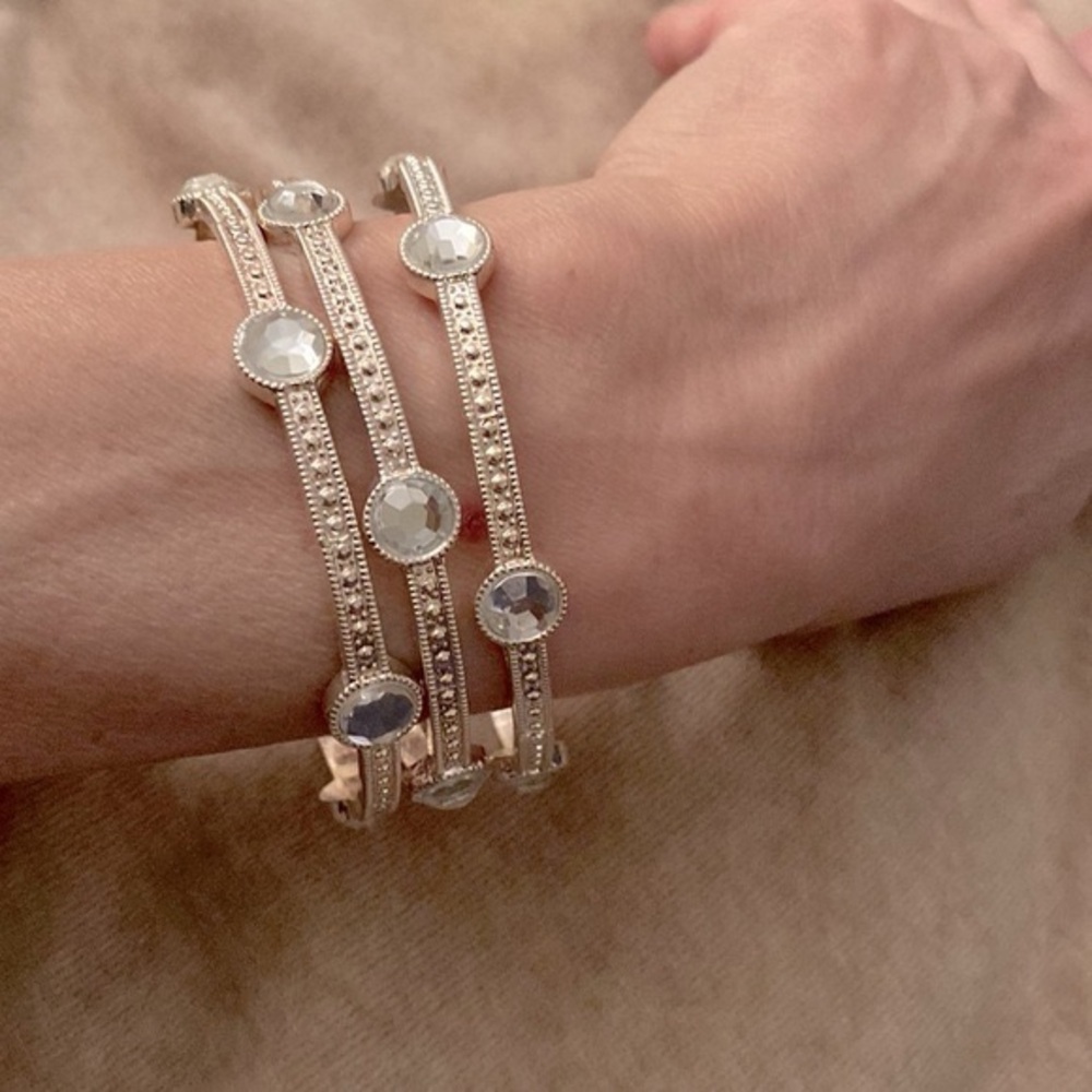 Stunning Super Shiny Silver Plated Bangles W/ Cz Stones, Patterned Design.